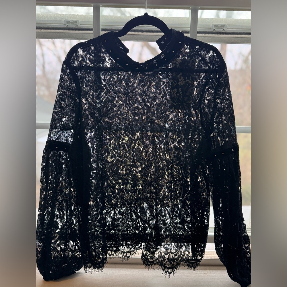 NWT LaBellum Hillary Scott Blue Balloon Puff Sleeve Lace Blouse